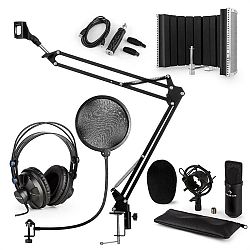 Auna CM001B mikrofonní sada V5 sluchátka, kondenzátorový mikrofon, panel, mikrofonní rameno, pop filtr, černá barva