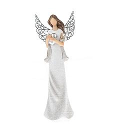 Polyresinový anděl se srdcem a kovovými křídly bílá, 19 x 7 cm