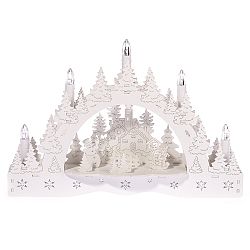 Vánoční LED svícen Zimní krajina, kostel a krmítko, 35 x 23 x 7,5 cm 
