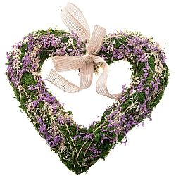 Závěsné mechové srdce se sušenými kvítky, fialová, 25 x 3,5 cm